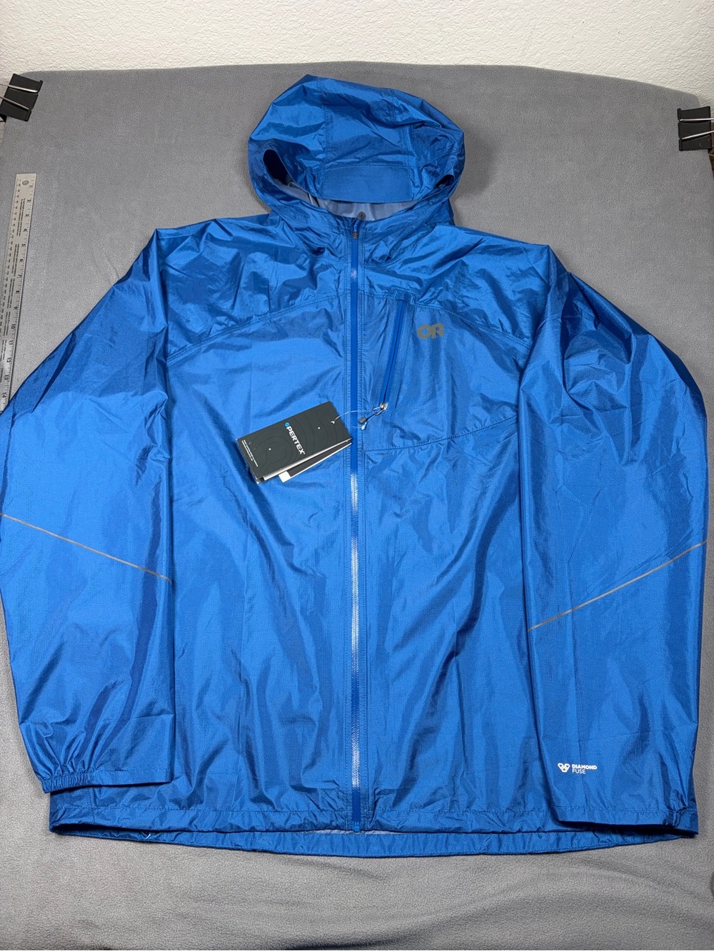 Outdoor Research Helium Rain Jacket Men’s 3XL Bright Blue Packable Hooded Jacket